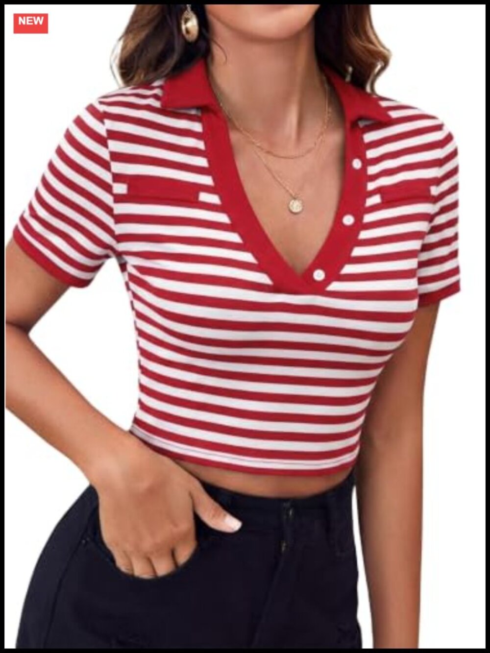 Women's Cropped Polo Shirt - Slim Fit Preppy Top V Neck Short Sleeve